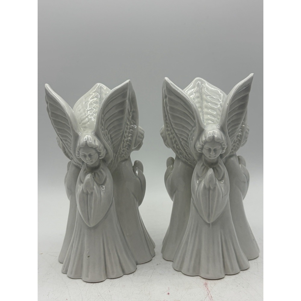 2 Vintage White Ceramic Angel Triple‎ Cherub Candle Holder